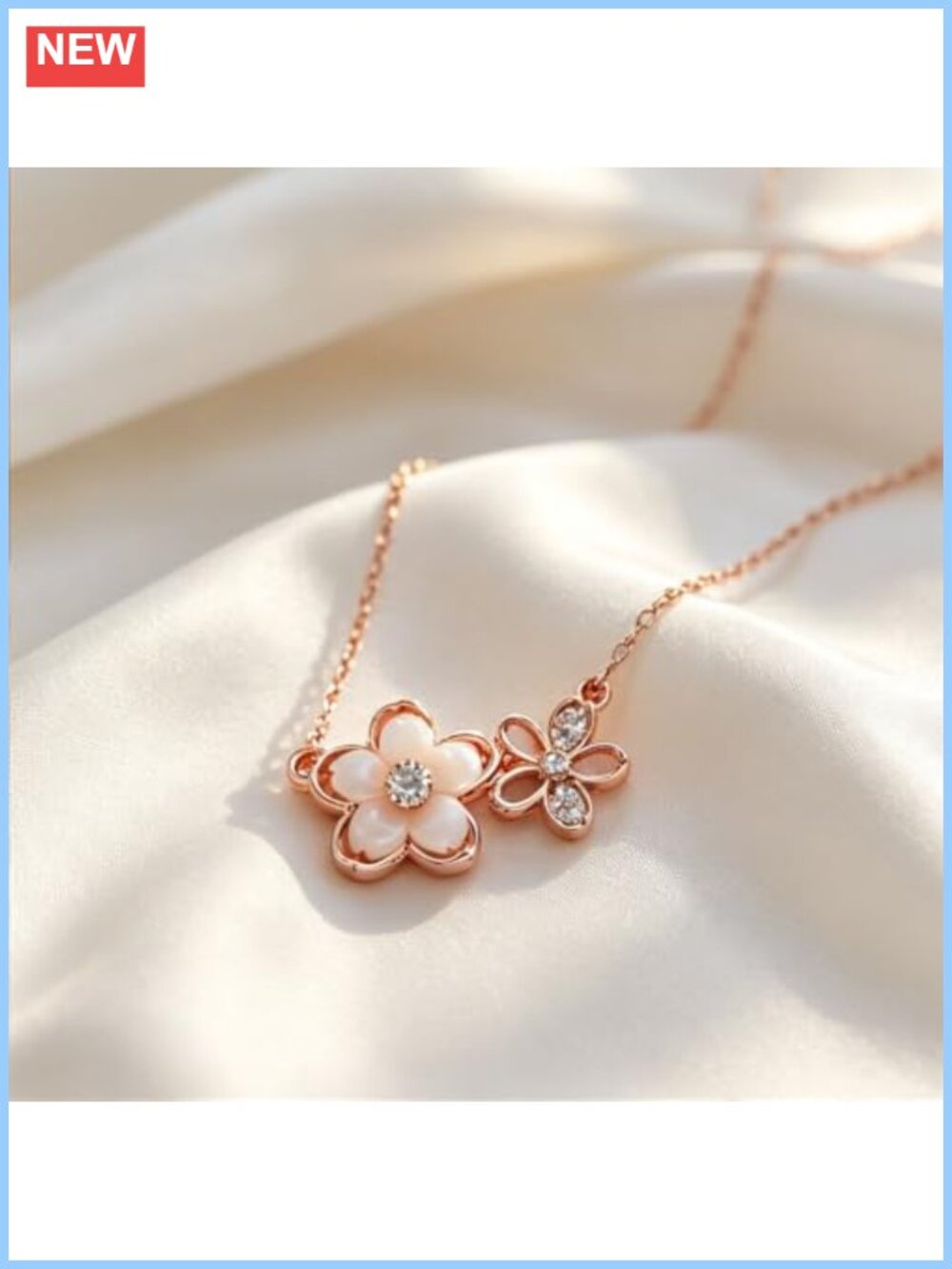 925 Sterling Silver Two Flower Pendant Necklace Cubic Zirconia Minimalist - Picture 5 of 6